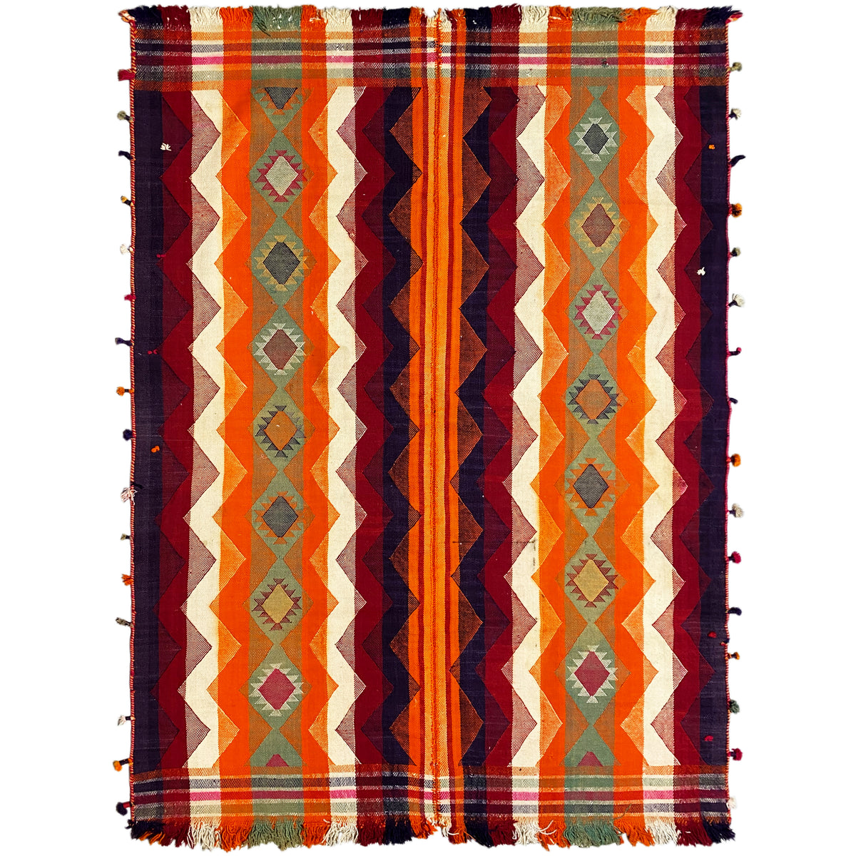 Tapis Jajim rectangulaire à franges, rayé de motifs en zigzag et de losanges