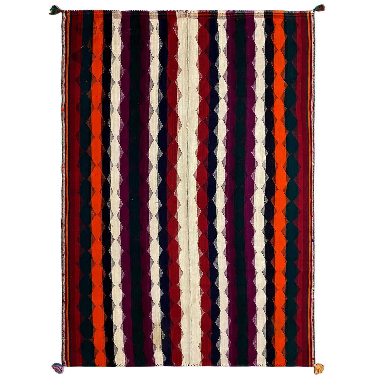 Tapis jajim coloré à rayures verticales violettes, orange, bleu foncé et crème