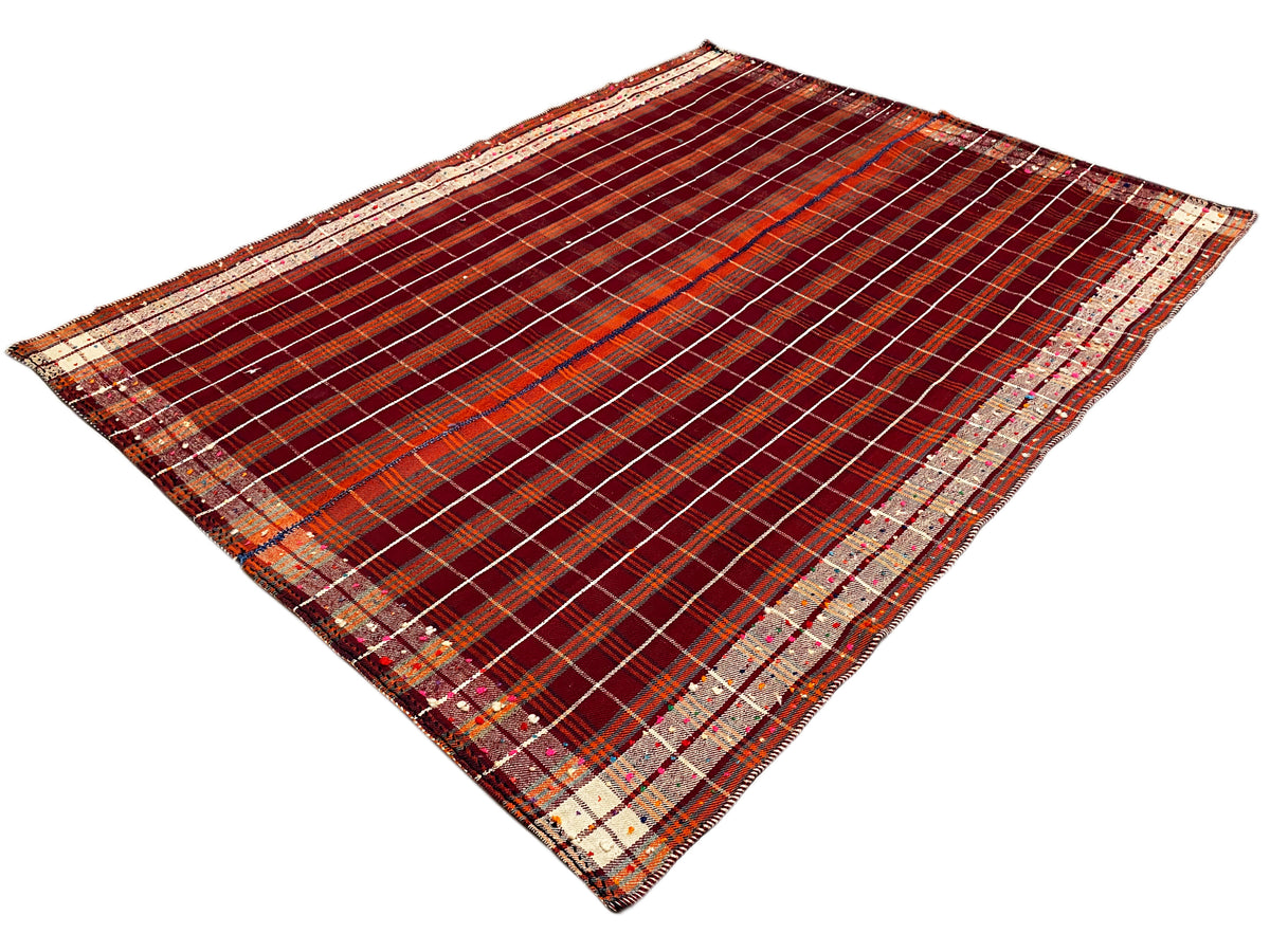 Tapis Jajim brun-rouge à motif quadrillé fin et large bordure ornée
