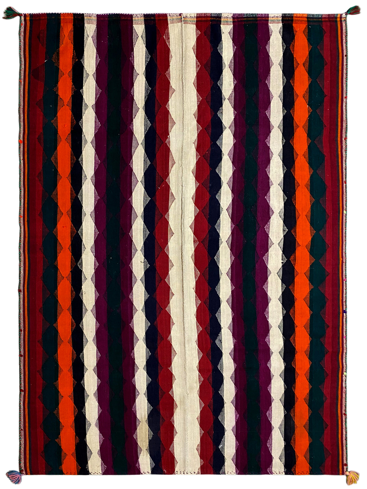 Tapis Jajim coloré à rayures verticales orange, violettes, bleu foncé et crème