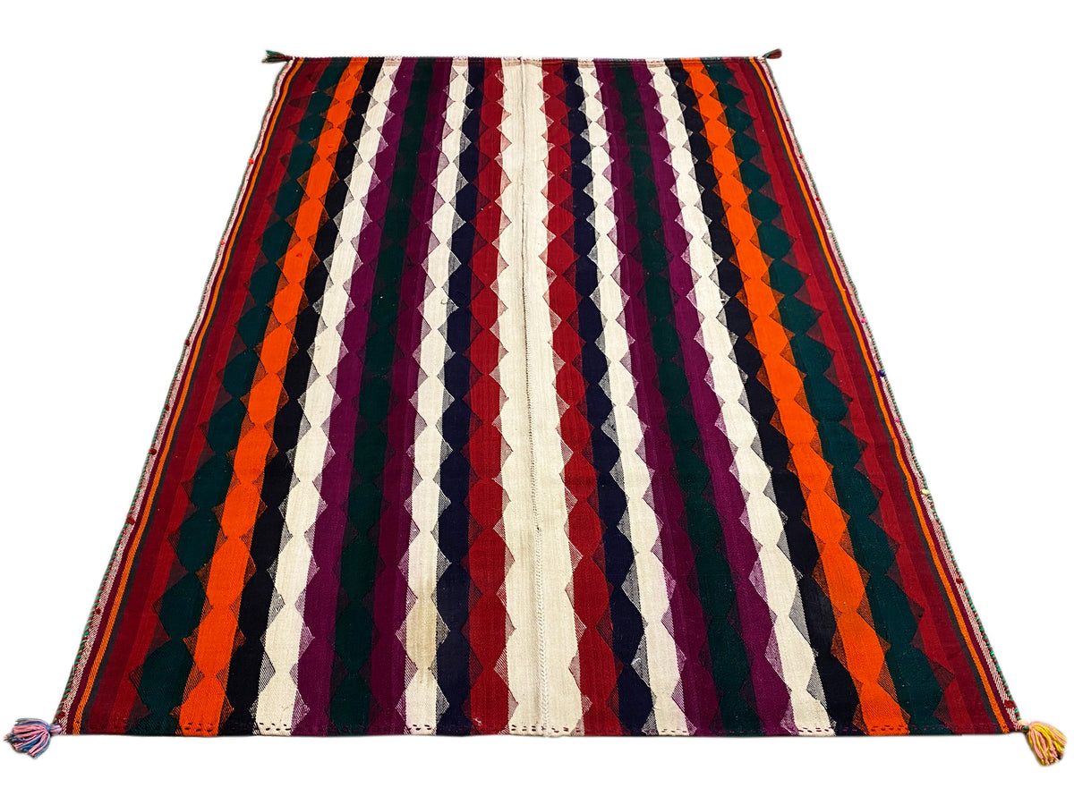 Tapis Jajim coloré à rayures diagonales orange, violettes, bleu foncé et crème