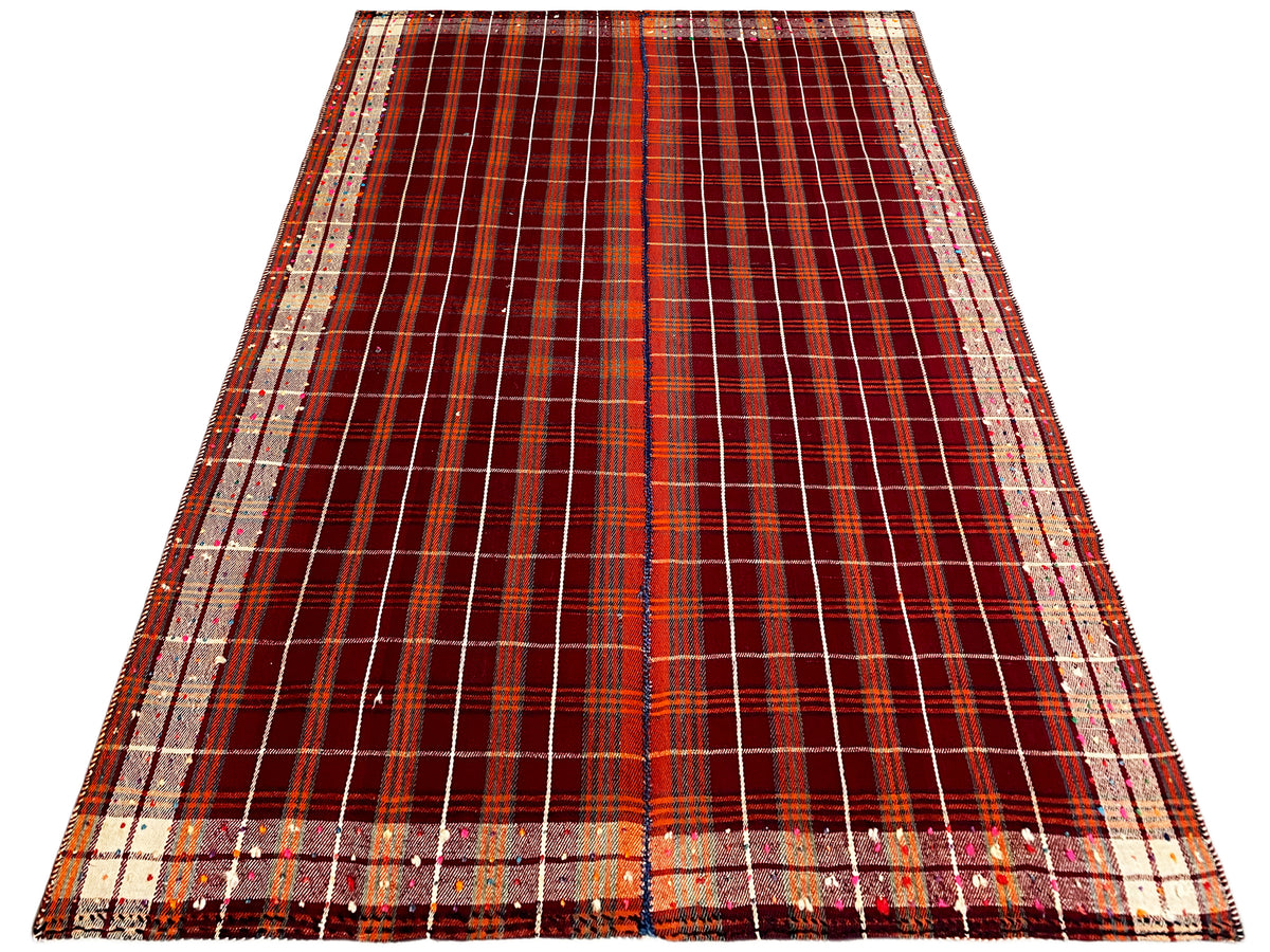 Tapis rectangulaire avec séparation centrale et motif quadrillé rouge-brun et crème