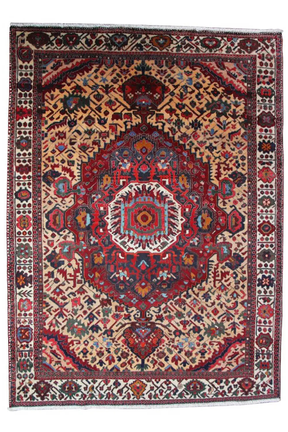 Tapis Bakhtiari 320x234 cm avec médaillon central carré dans un design rouge et bleu