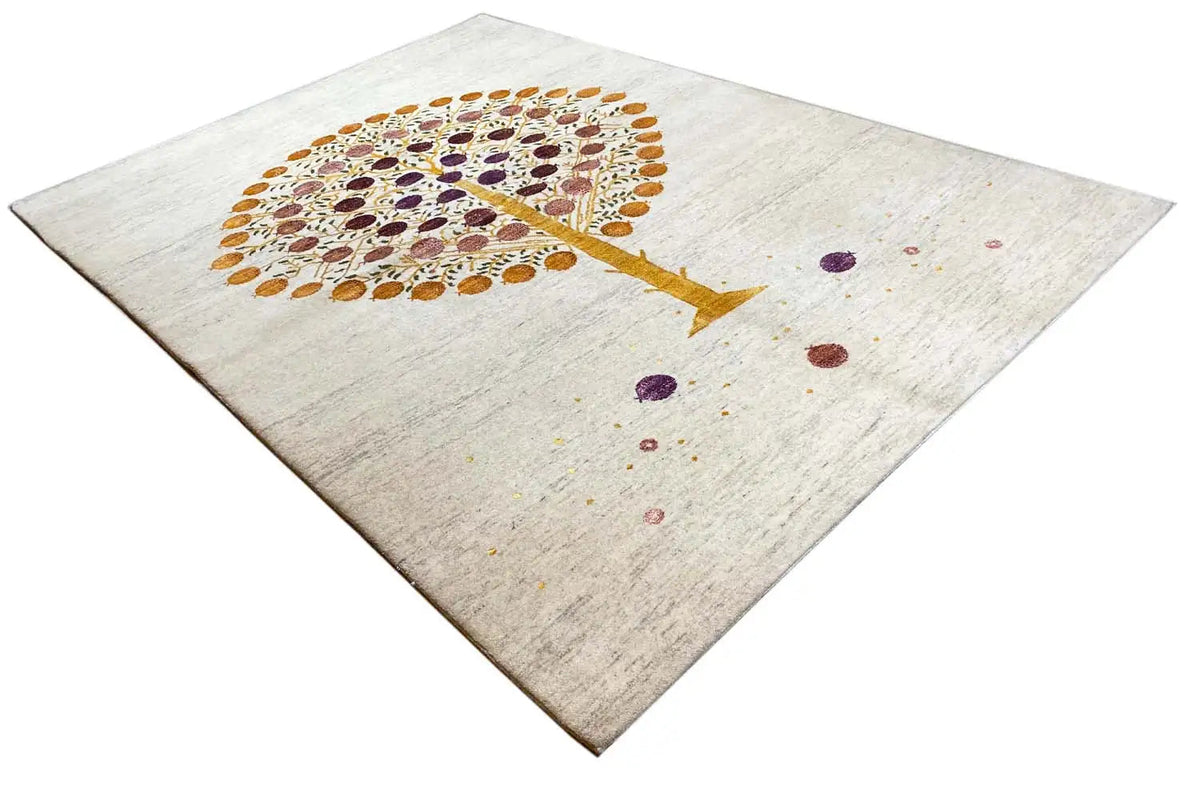 Tapis Gabbeh taillé en diamant : arbre de vie avec ornements circulaires dorés et violets