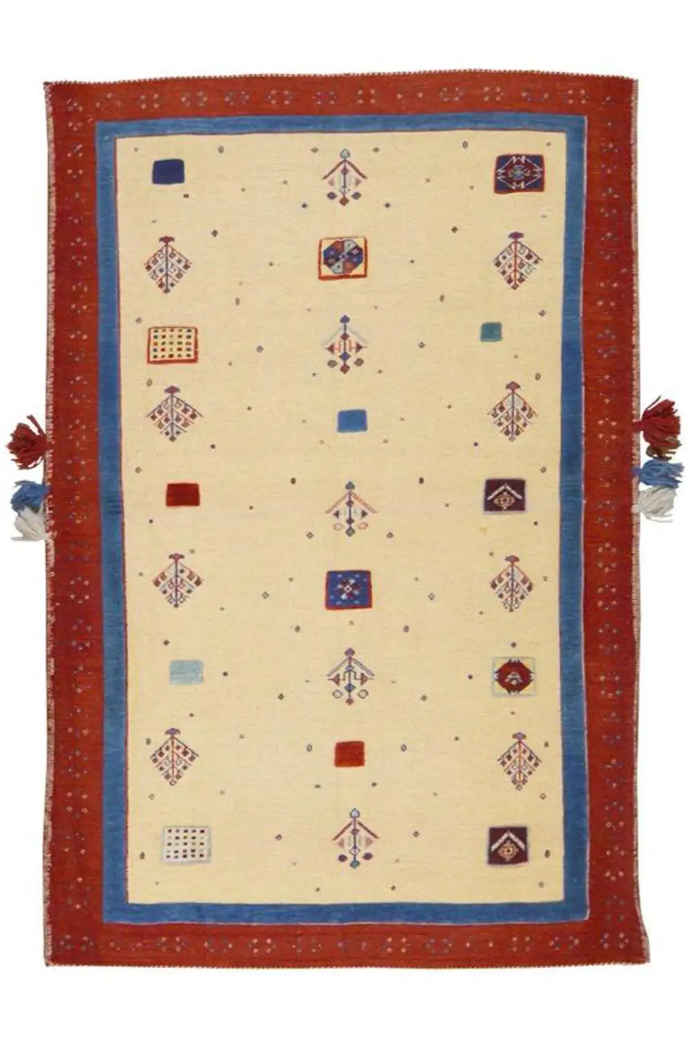 Tapis soumakh 15407 : rectangulaire, beige avec bordure rouge, cadre bleu et pompons