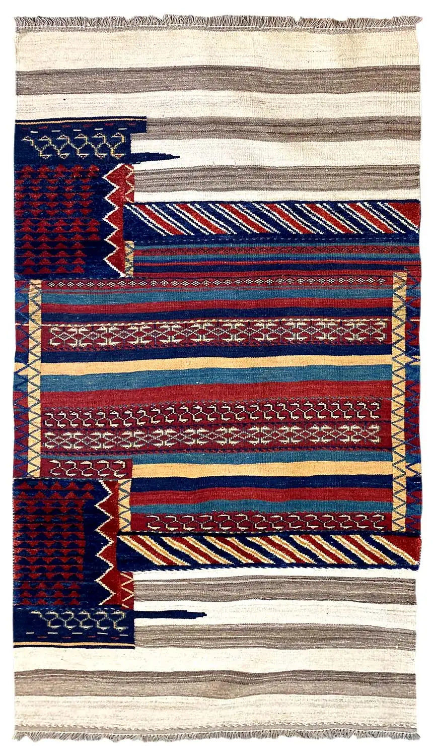 Tapis Bakhtiari rectangulaire : rayures beiges avec bordures bleu foncé et rouges