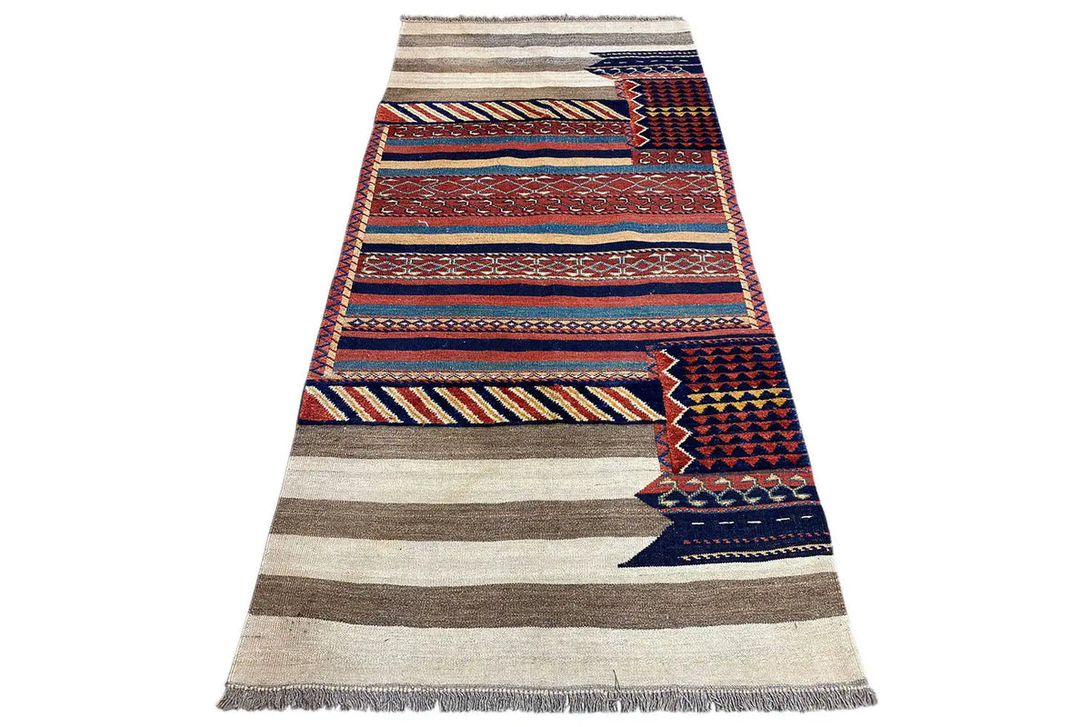 Tapis Kelim-Bakhtiari en couloir à rayures et losanges, bord frangé, rouge-bleu
