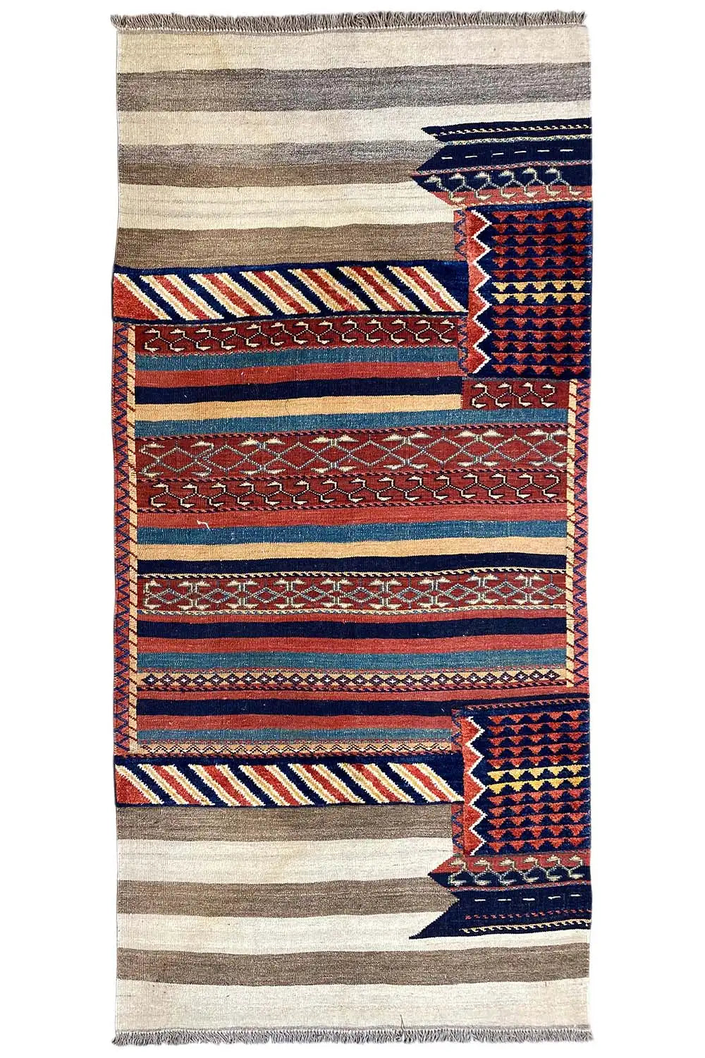 Tapis kilim bakhtiari rectangulaire avec bordures et losanges, lisière frangée, rouge-bleu