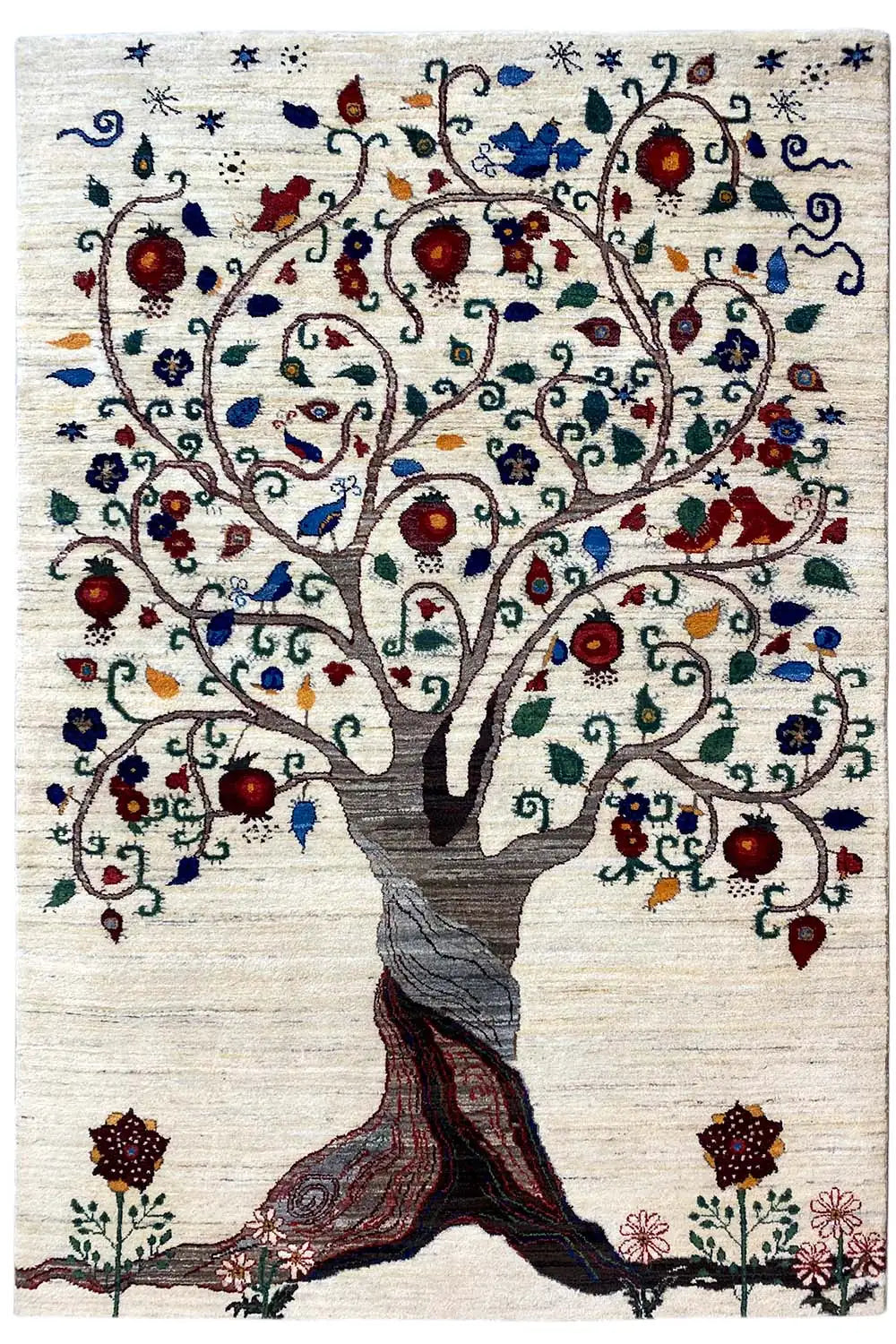 Tapis gabbeh avec motif d’arbre, couleur crème, ornements colorés bleu-rouge-vert