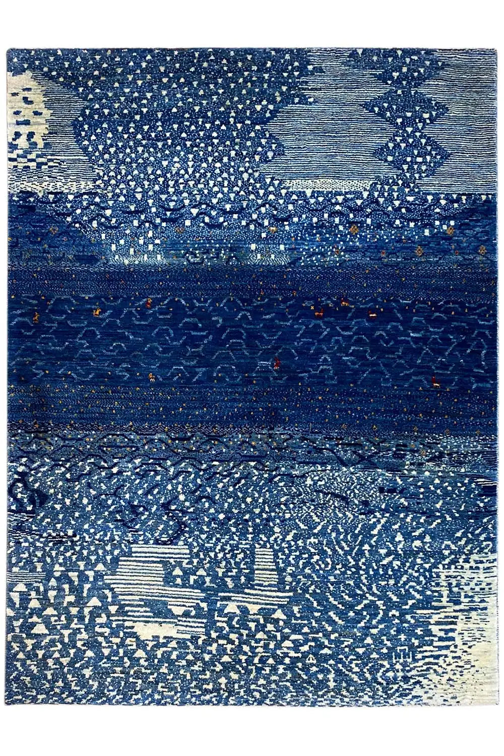 Tapis Gabbeh à motif géométrique bleu et beige avec une bande centrale sombre