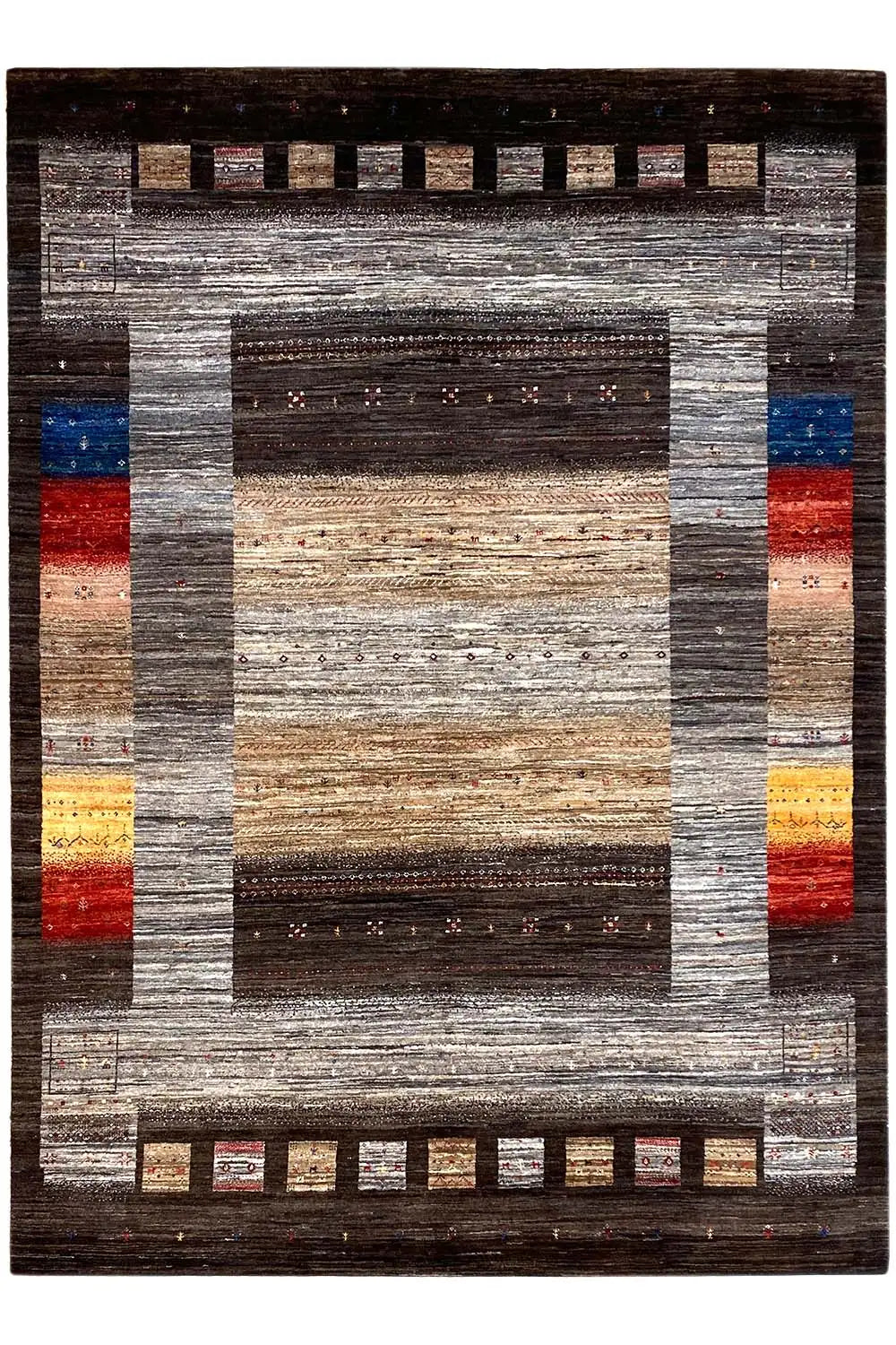 Tapis Gabbeh-Lori à motif rectangulaire et accents multicolores, gris/beige