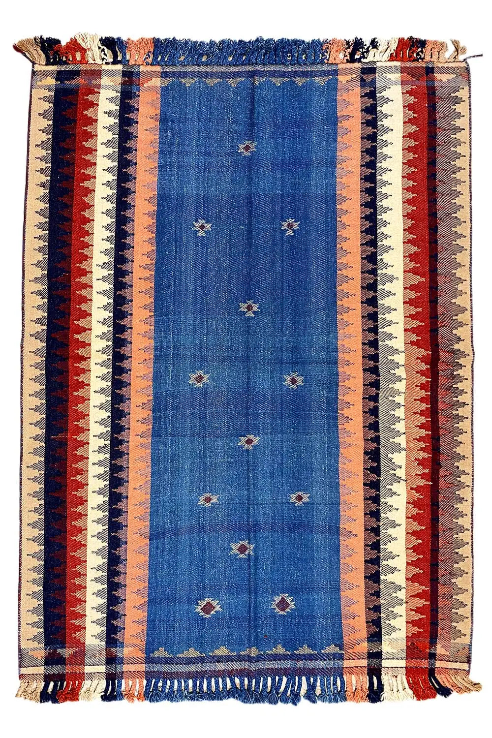 Tapis avec une bande centrale bleue et des bandes rouges, beiges et blanches tout autour
