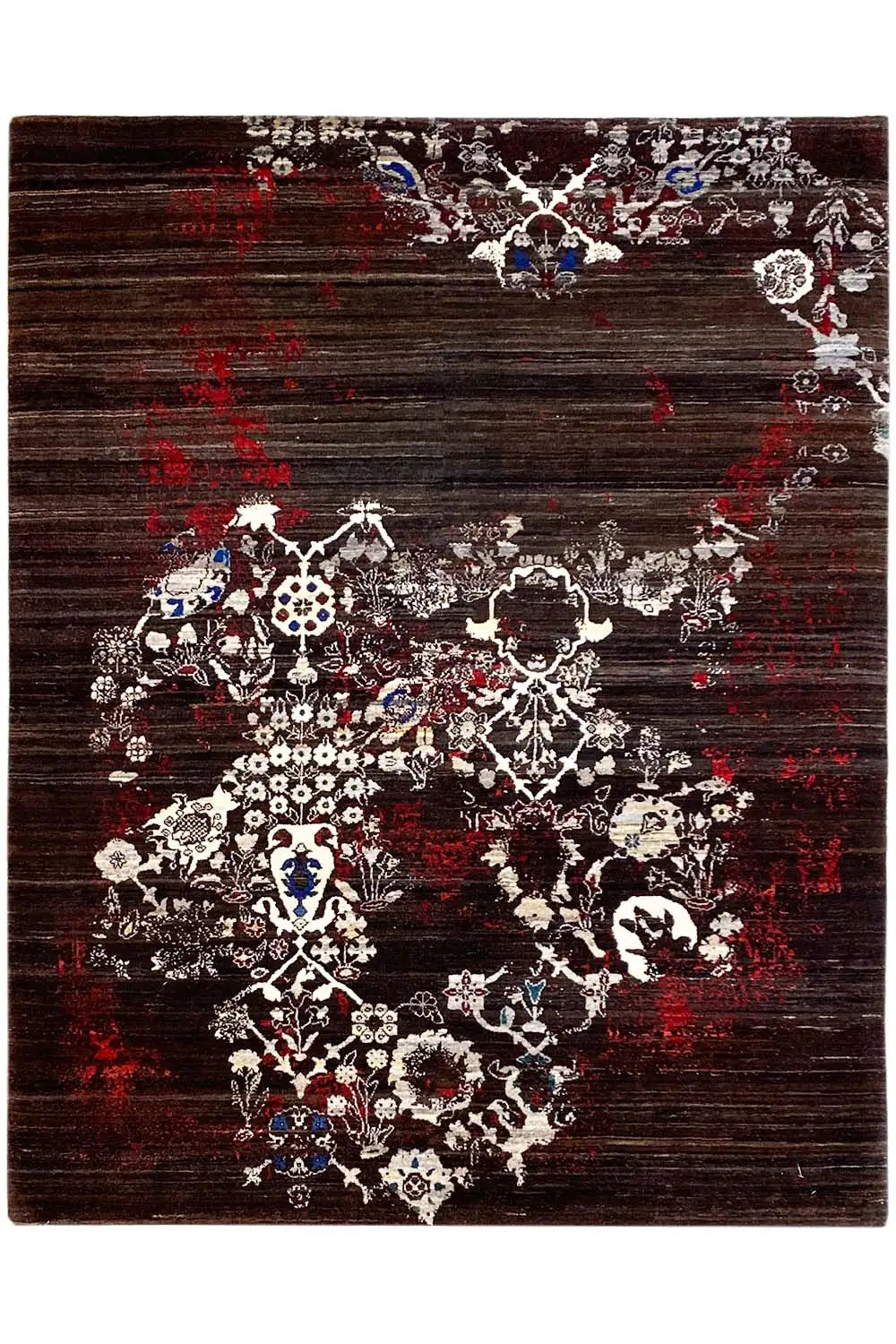 Tapis Gabbeh 197×152 cm : poil sombre avec une touche de rouge et un motif blanc