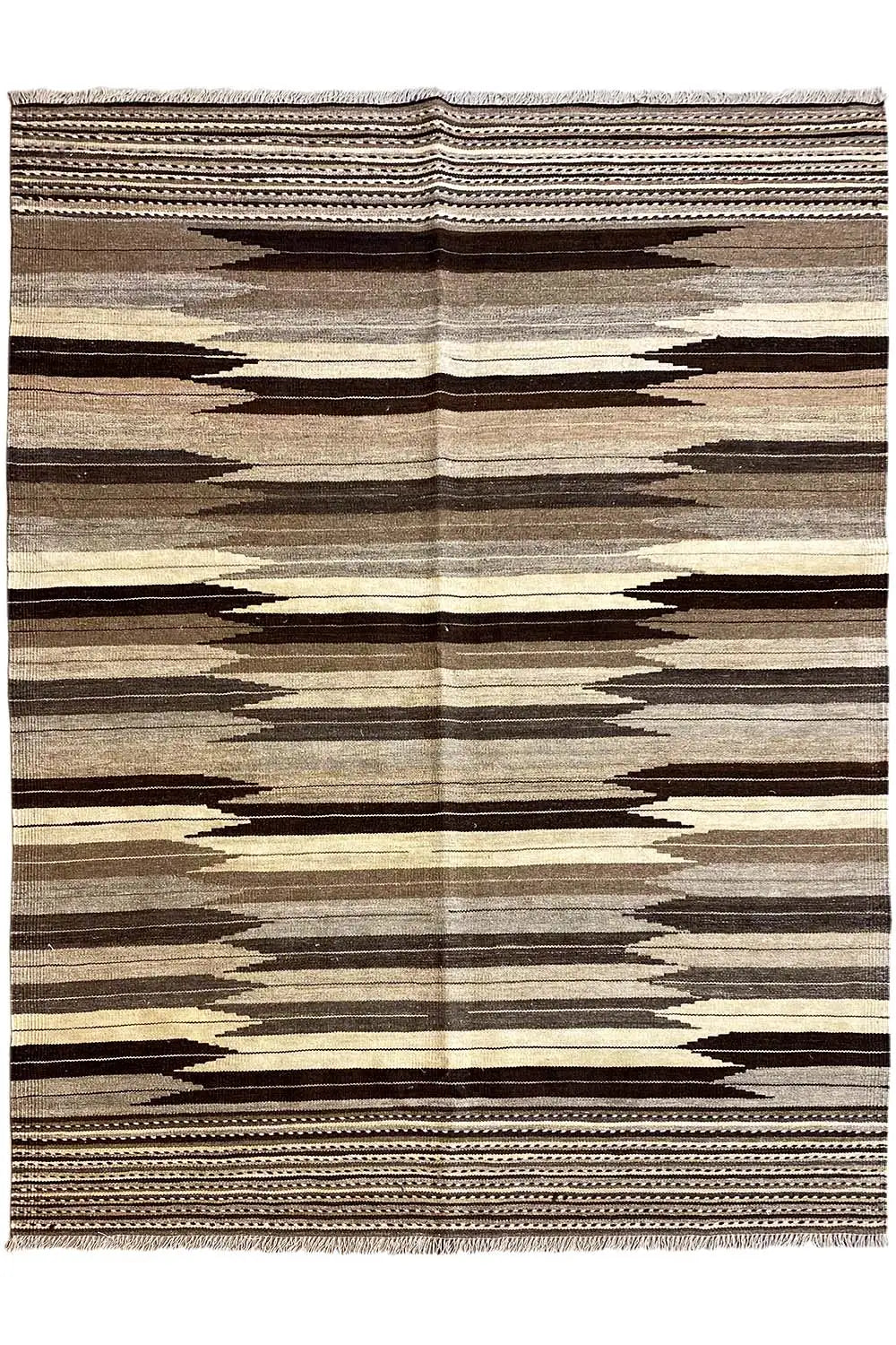 Tapis kilim Qashqai rectangulaire à rayures horizontales beiges, brunes et grises