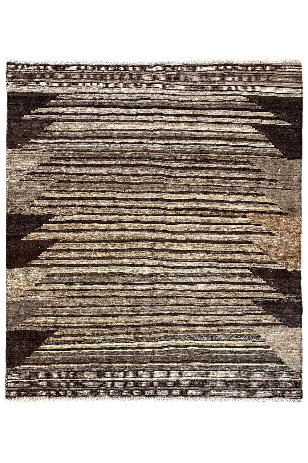 Tapis kilim rectangulaire aux lignes rayées, beige et tons bruns foncés