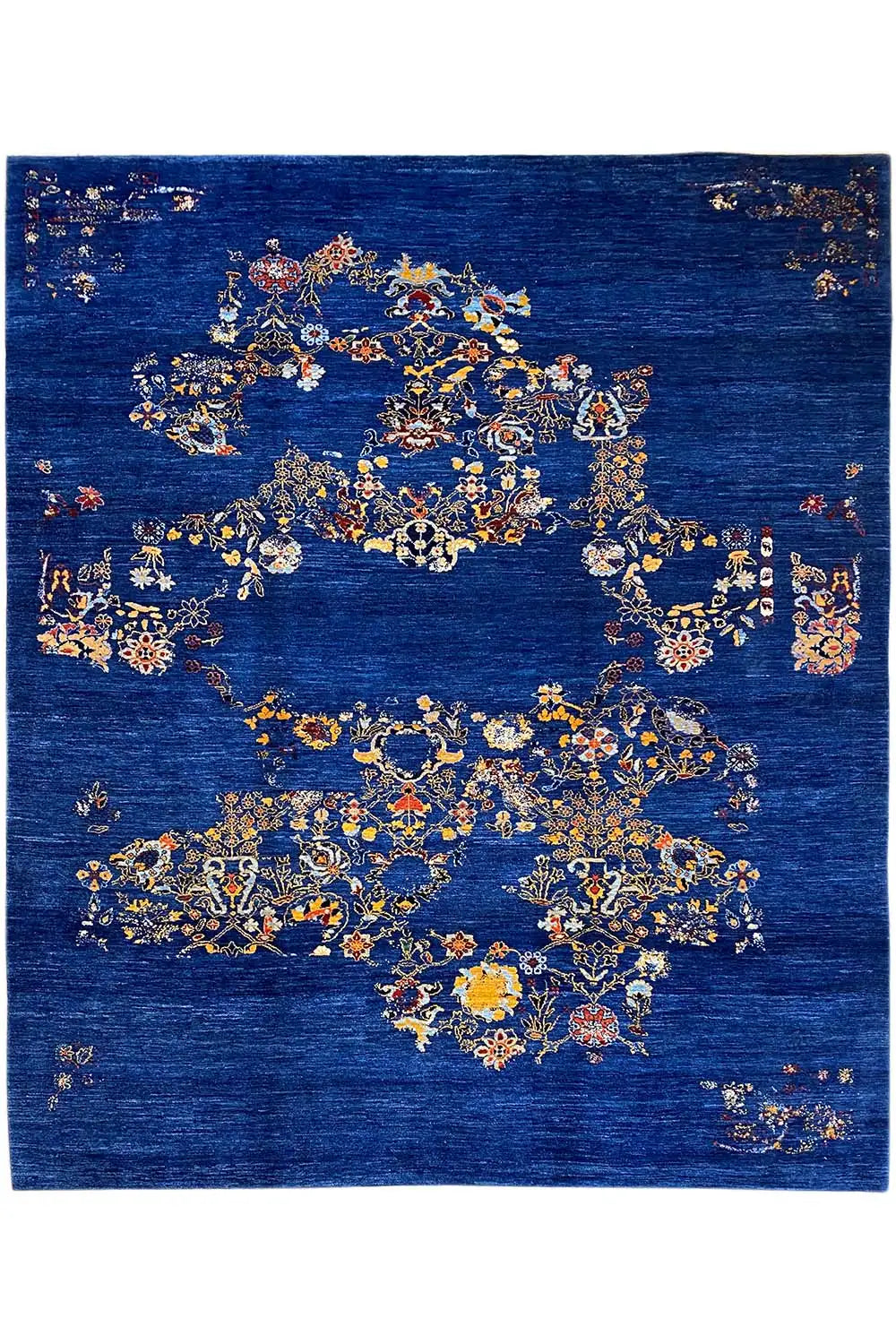 Tapis Gabbeh bleu, grand motif floral central avec des médaillons multicolores