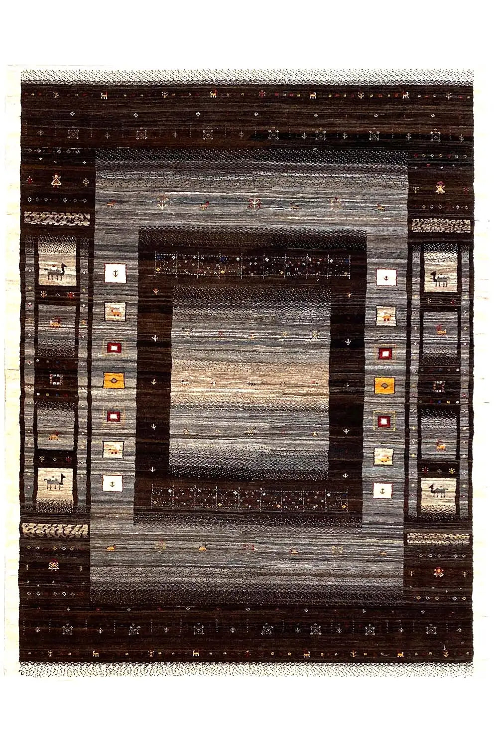Tapis gabbeh avec bordure rectangulaire et médaillon, surfaces brun foncé et grises