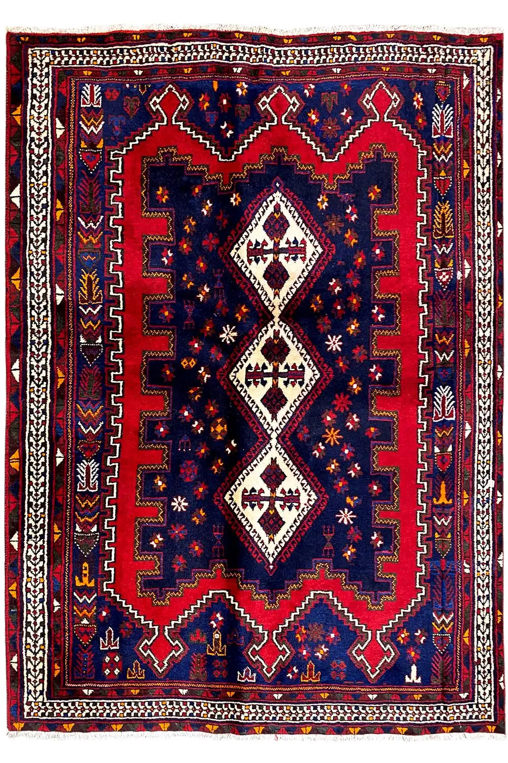 Tapis tissé plat avec cadre rectangulaire et trois médaillons en forme de diamant