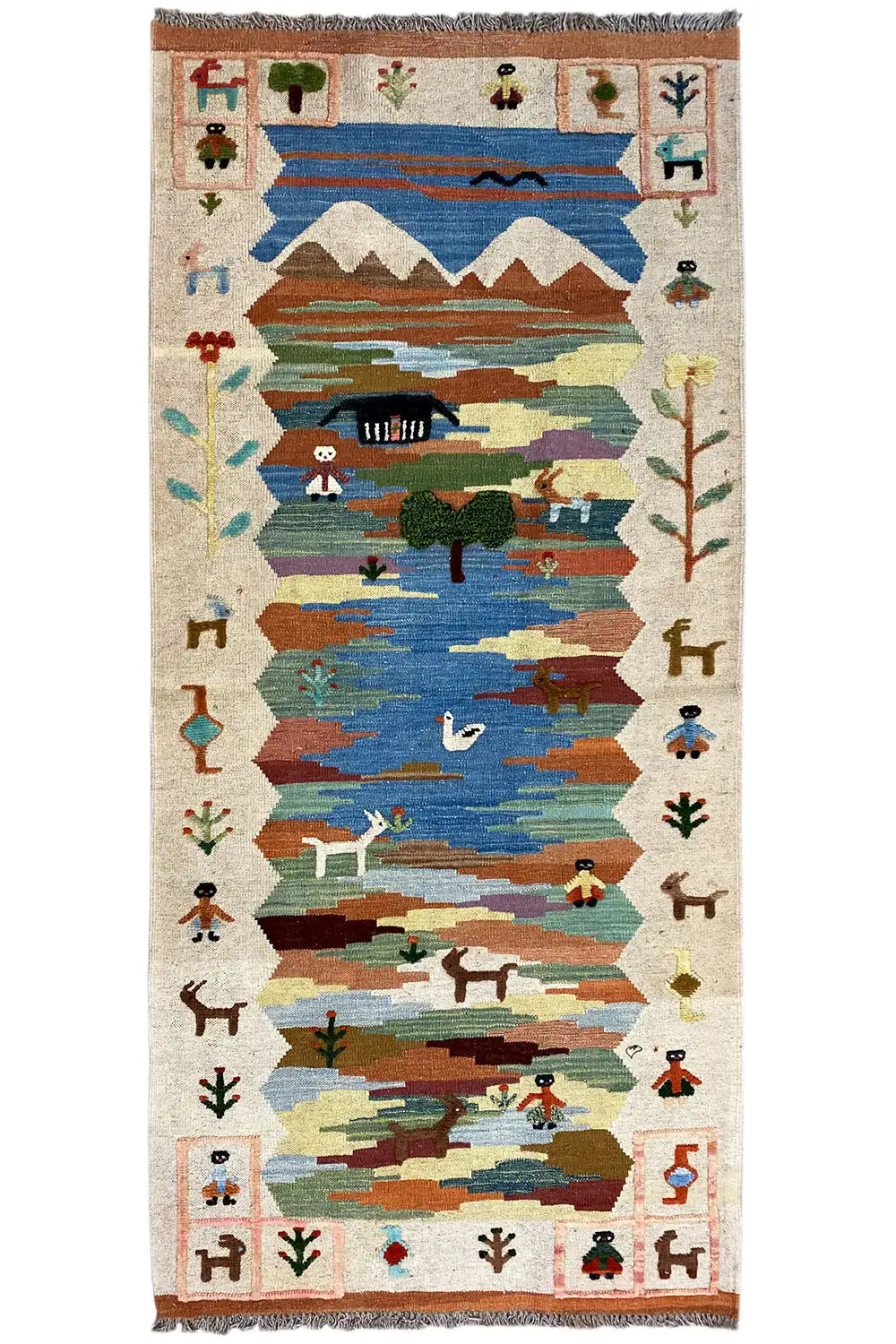 Tapis kilim Qashqai avec bordure géométrique et paysage fluvial, multicolore, avec franges
