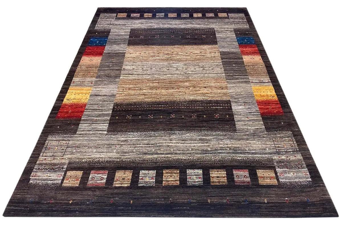 Tapis Gabbeh-Lori à motifs trapézoïdaux et rayés en anthracite, gris et beige