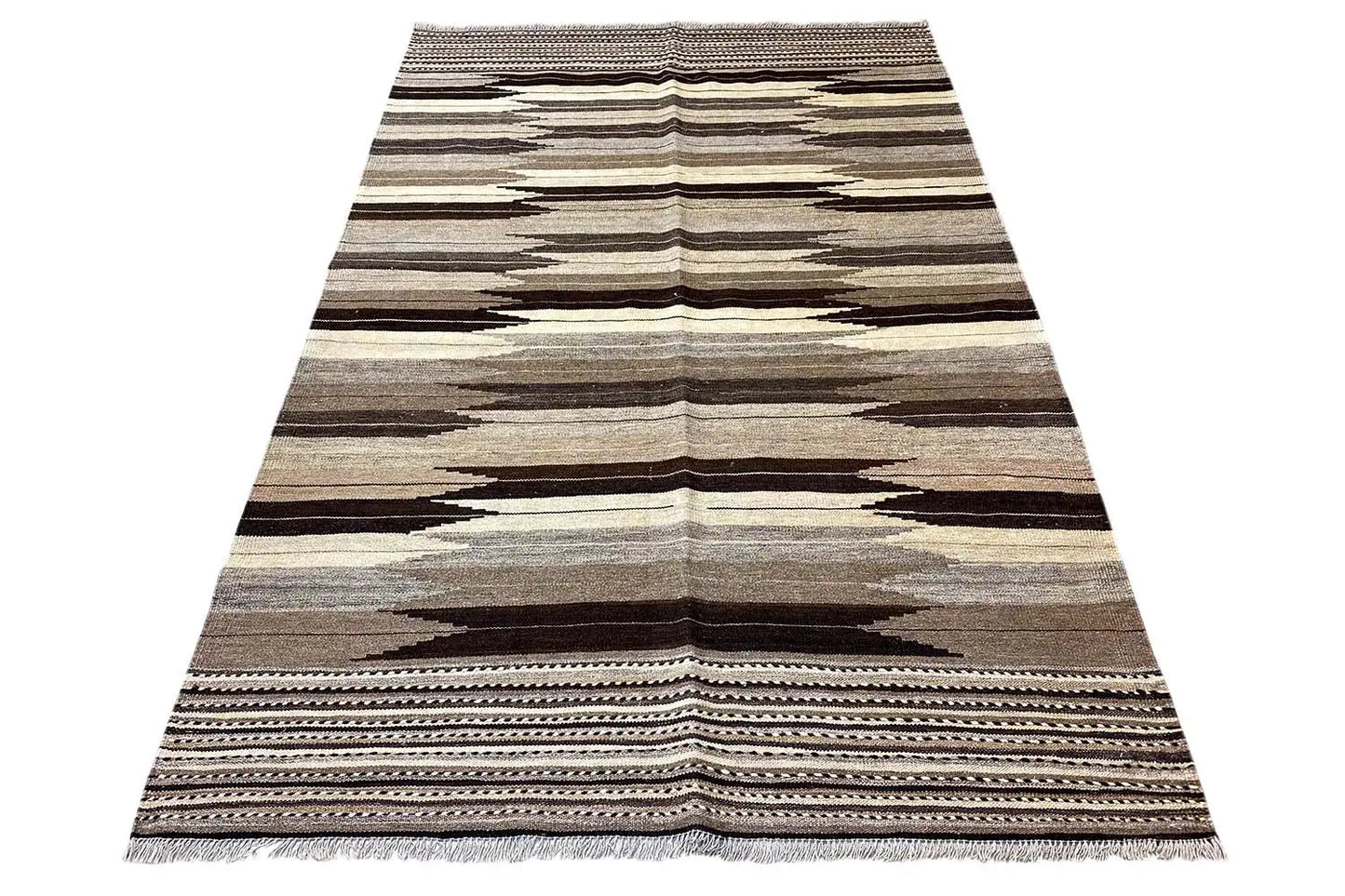 Tapis kilim Qashqai à bandes rayées marron, beiges et grises