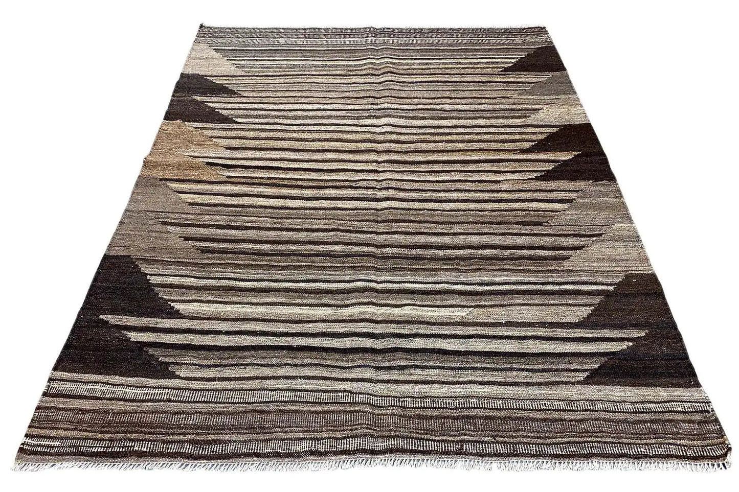 Tapis kilim à motifs de rayures arquées et pointes triangulaires foncées, beige-brun
