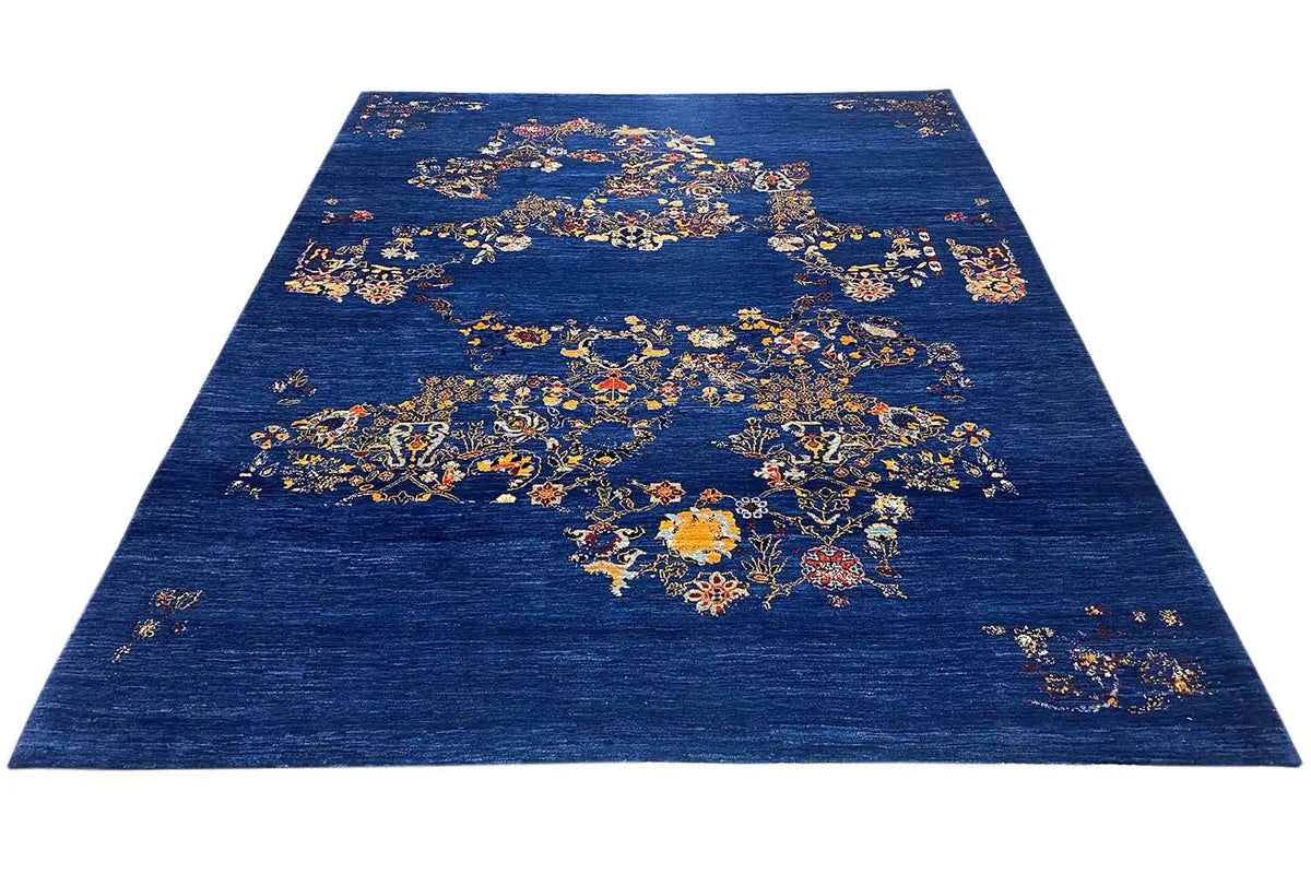 Tapis Gabbeh carré bleu avec ornements floraux, vue d’ensemble