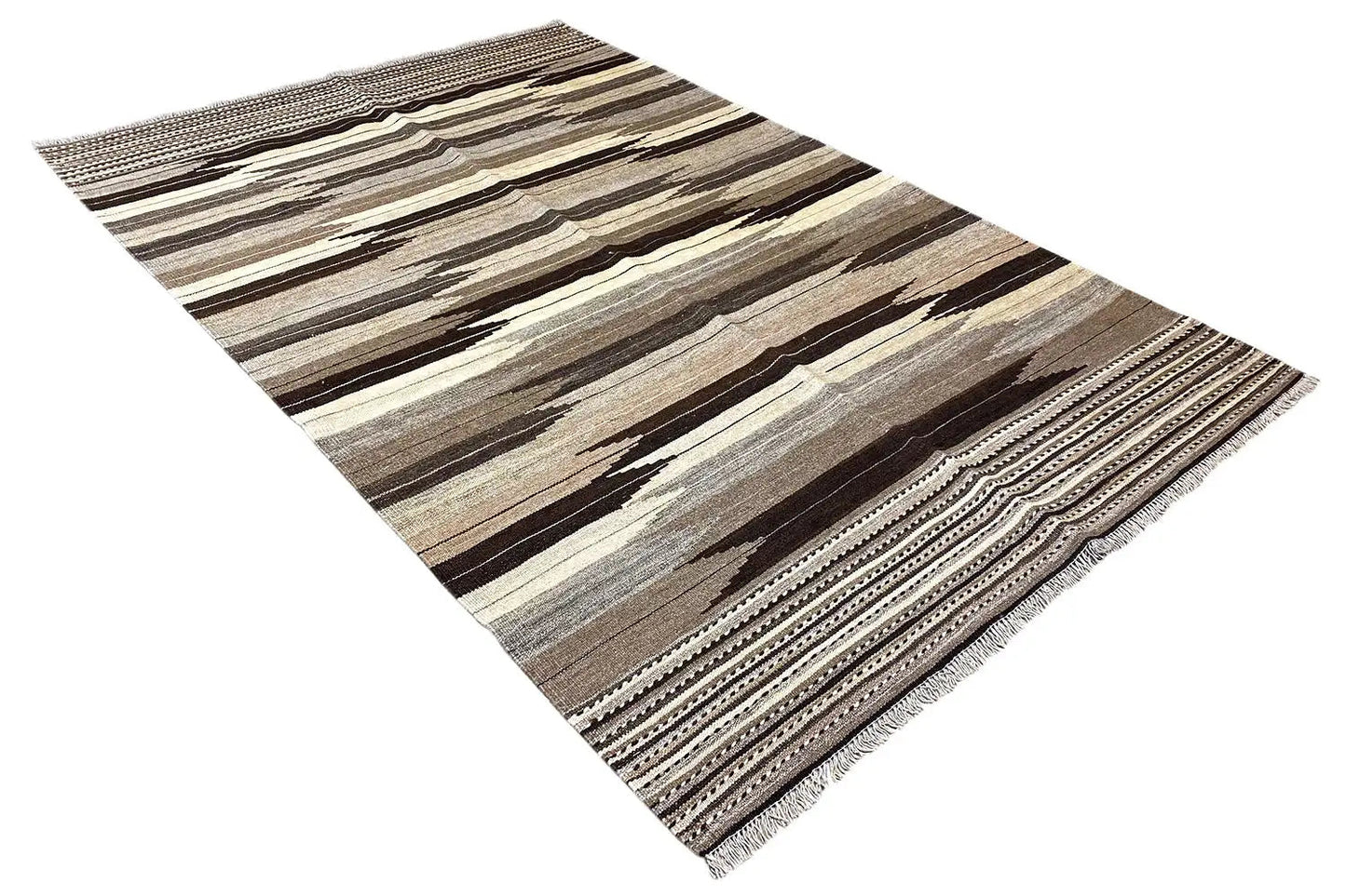 Tapis kilim Qashqai avec bord gansé et rayures marron, beiges et grises