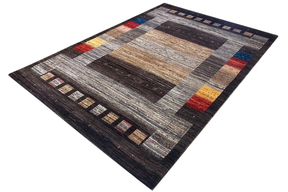 Tapis Gabbeh-Lori à larges bandes et touches de couleur rouge, bleue et jaune