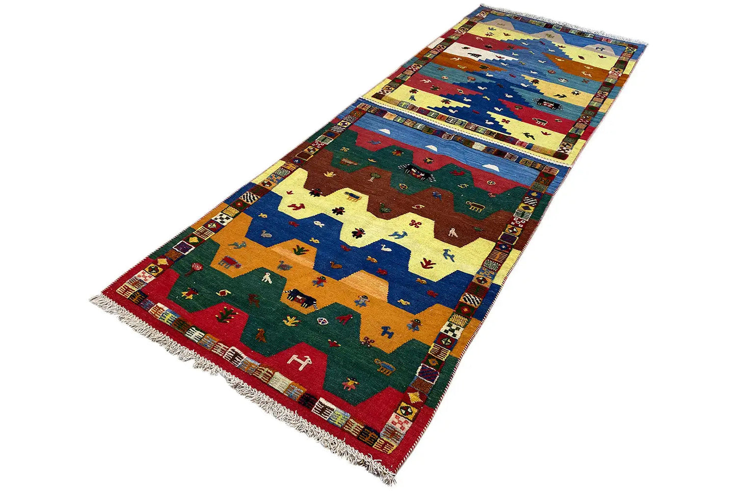 Tapis de couloir kilim rectangulaire avec motifs animaliers colorés, bordure ornée et franges