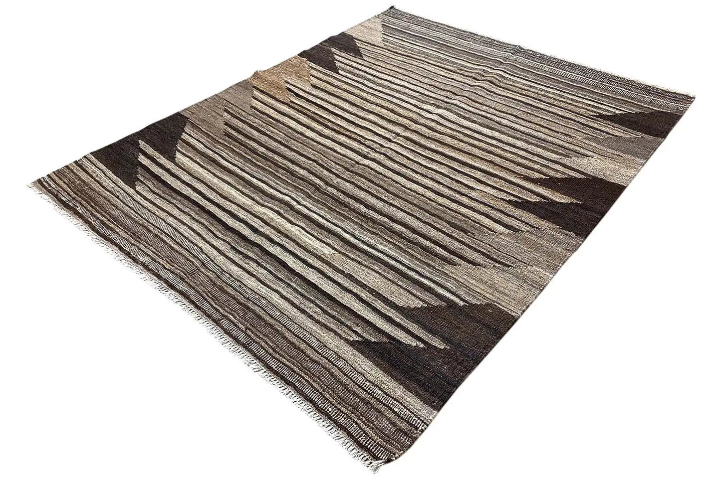 Tapis kilim à motif rayé zigzag et bords bordés, beige et marron