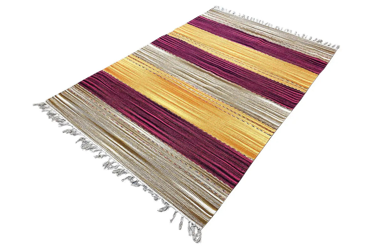 Kilim à larges bandes de couleur jaune, crème et bordeaux, Samak, franges latérales