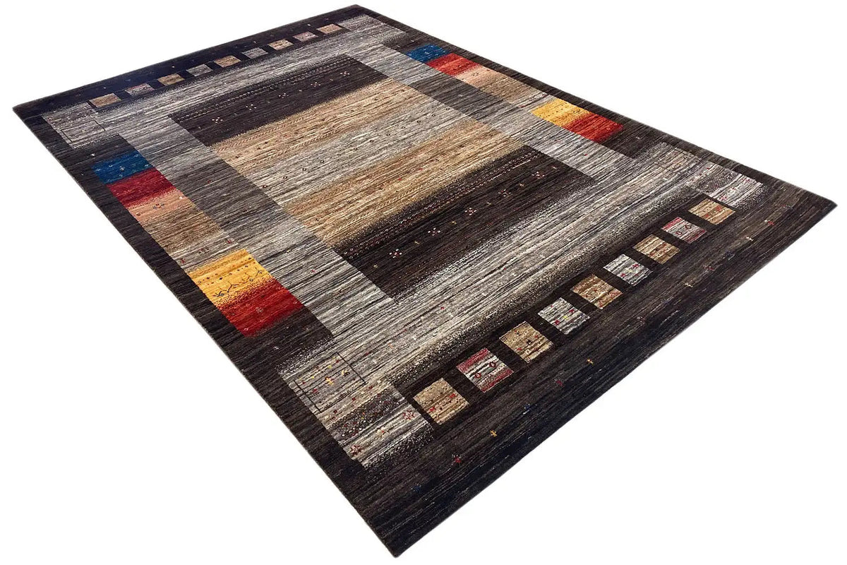 Tapis Gabbeh-Lori avec carré central et bordure périphérique, gris, noir, beige