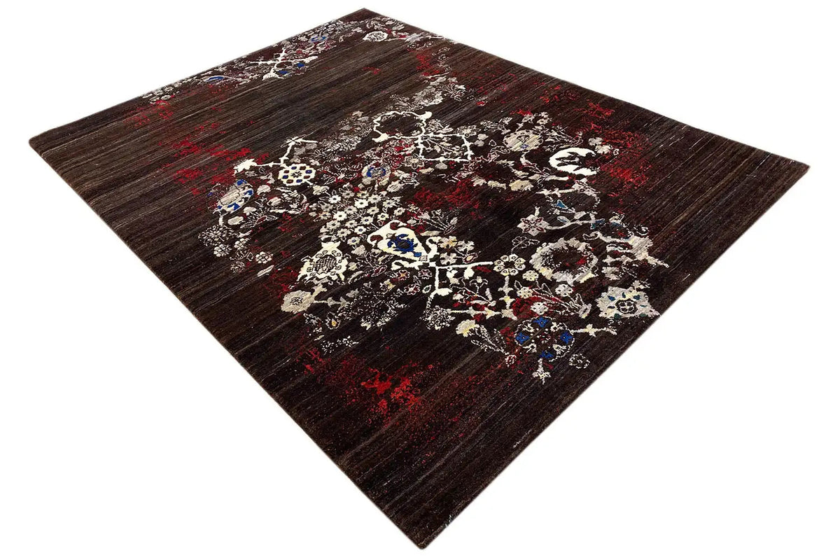 Tapis Gabbeh à motif de médaillon floral, brun foncé, rehaussé de rouge, ornements blancs