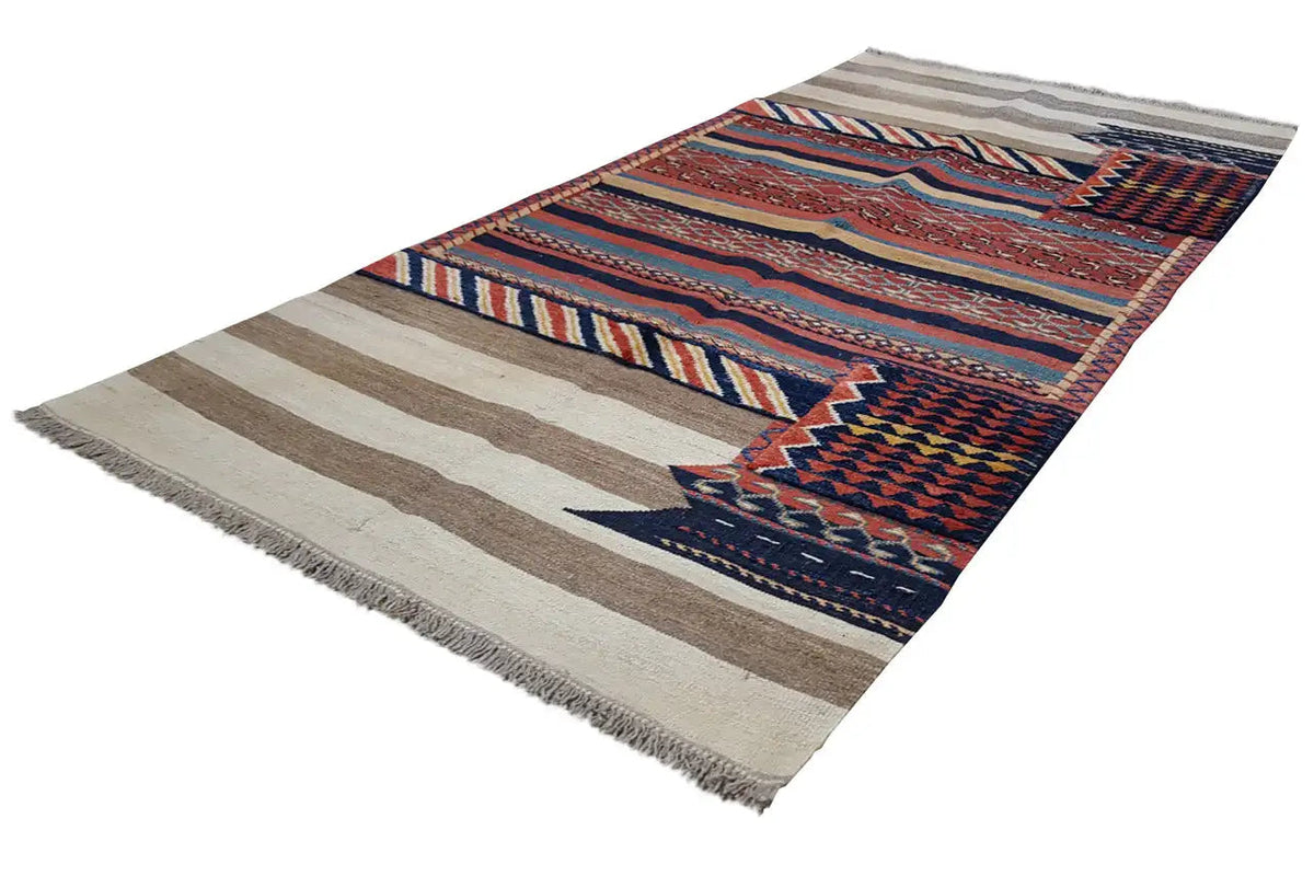Tapis kilim bakhtiari à rayures et losanges, bord à franges, rouge, bleu, gris