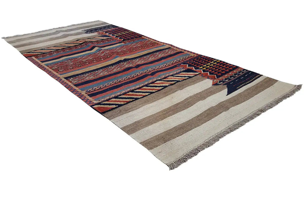 Tapis Kelim Bakhtiari à motifs géométriques, bordure frangée, rouge-bleu-gris