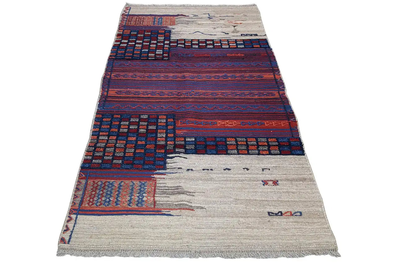 Kilim bakhtiari beige avec motifs rouges et bleu foncé, bord effiloché