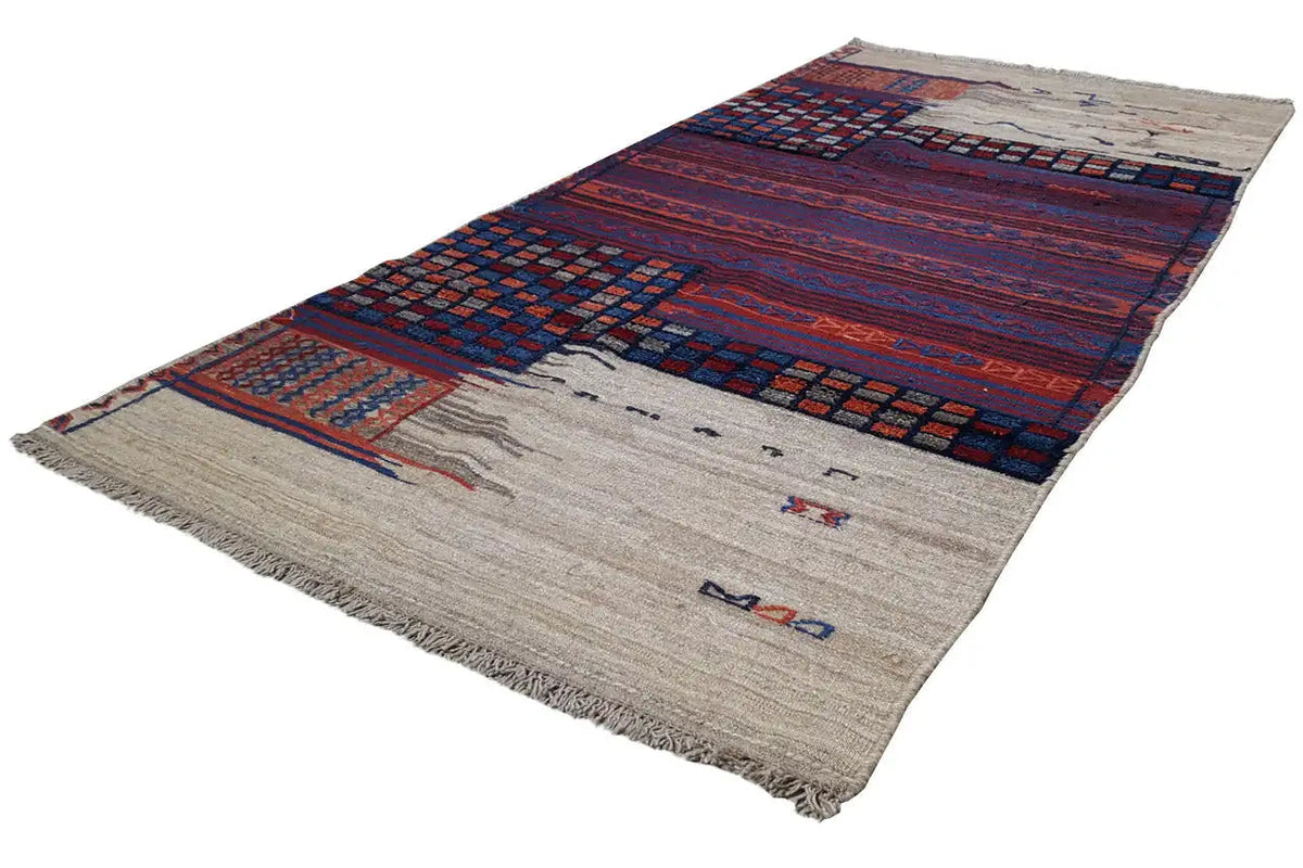 Kilim Bakhtiari à larges motifs géométriques rouges et bleus, bordure beige, franges