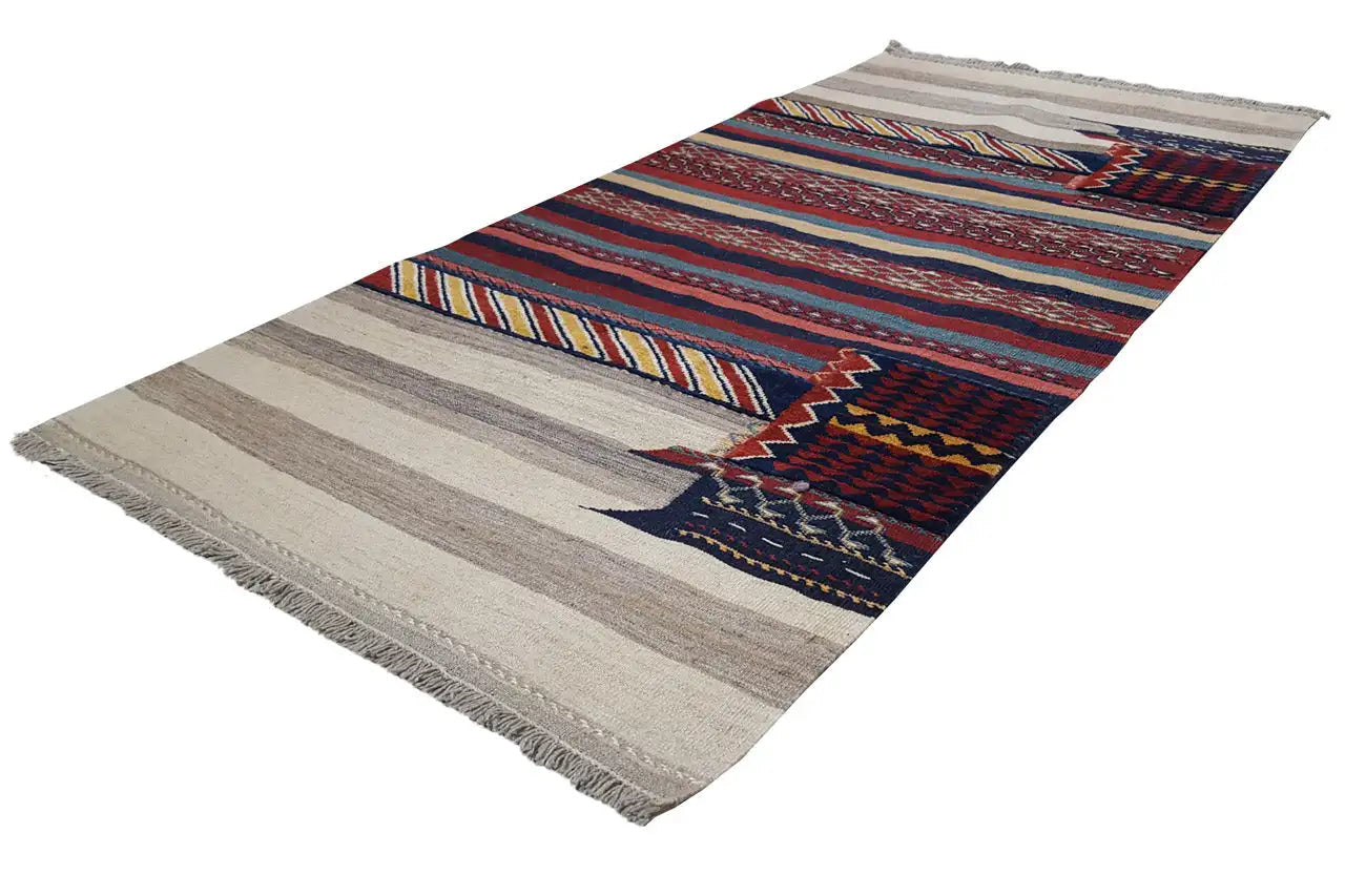 Tapis kilim à motifs en zigzag et à rayures, bleu, rouge et beige, avec franges