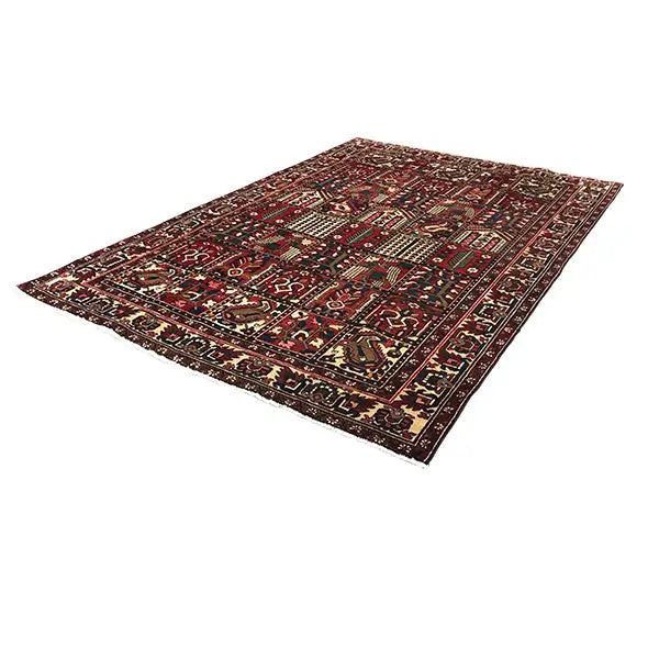 Tapis oriental Bakhtiari à poil ras, rouge foncé avec de fins ornements et une bordure