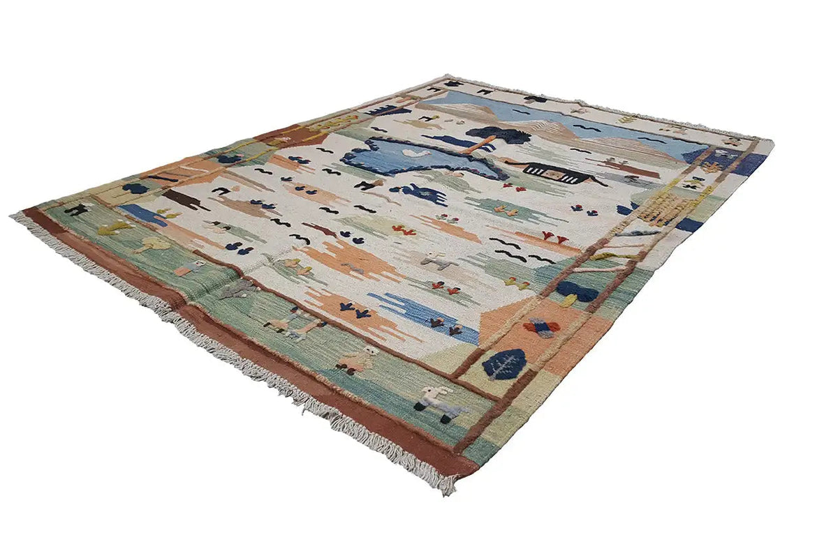 Tapis kilim Qashqai, multicolore avec motifs animaliers et paysagers, avec franges
