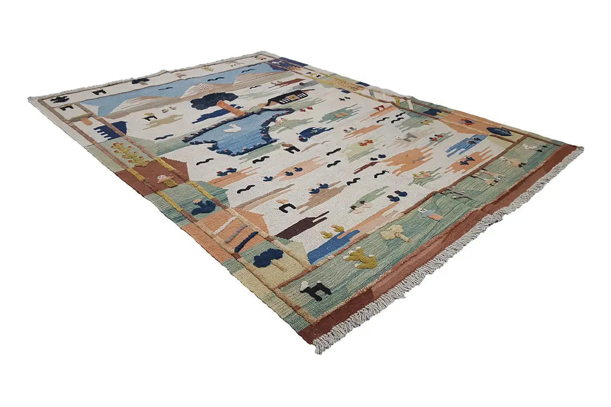 Tapis kilim Qashqai à franges, grand motif avec des personnages et des éléments paysagers