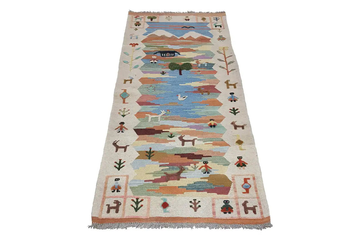 Tapis kilim Qashqai à motif paysager bleu-brun-vert, bordure brune et franges