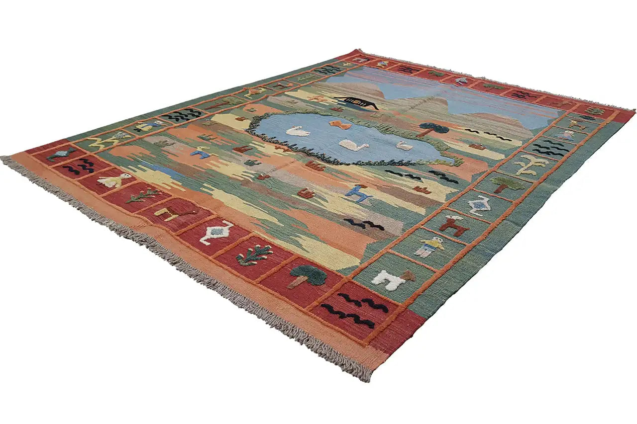 Tapis kilim Qashqai avec motif paysager et bordure colorée, 201x146 cm