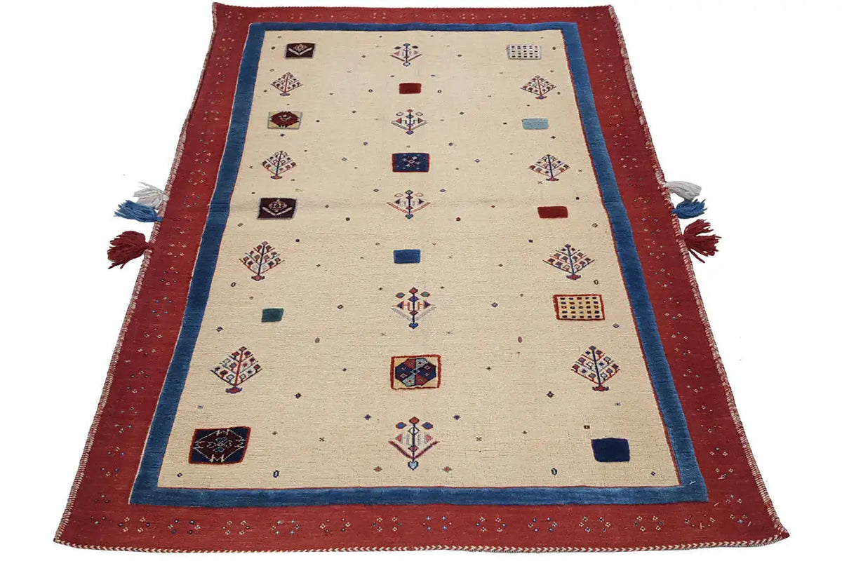 Tapis Soumakh 15407 beige avec bordure rouge, bande centrale bleue et motifs géométriques
