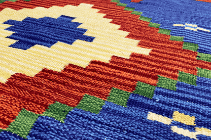 Handgewebter Wollen Kelim Dhurrie Läufer - 250x80cm (8.2x2.6ft) - Geometrisches Indisches Design - German Carpet Shop