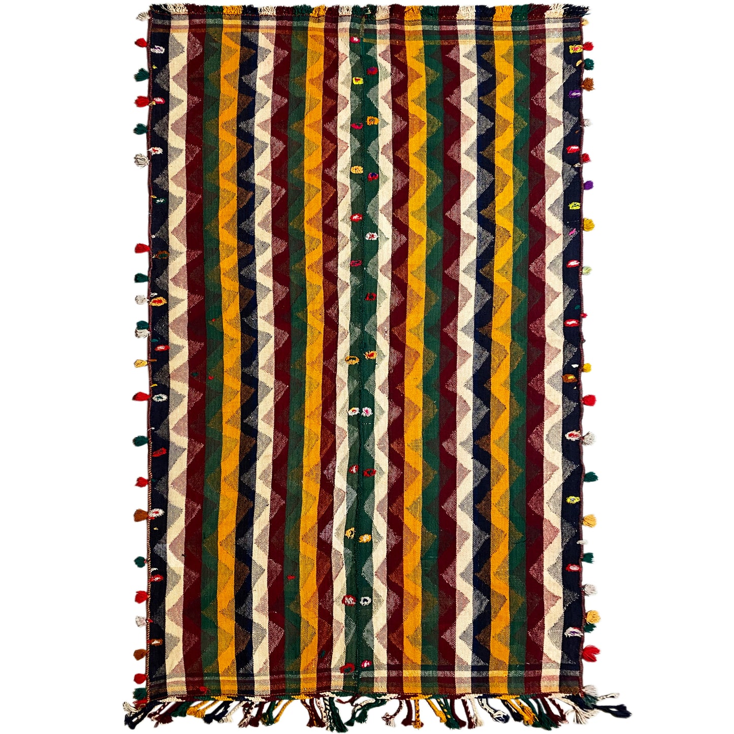 Wohnzimmer bunter Jajim Teppich handgewebt mit lebendigem geometrischem Zickzackmuster