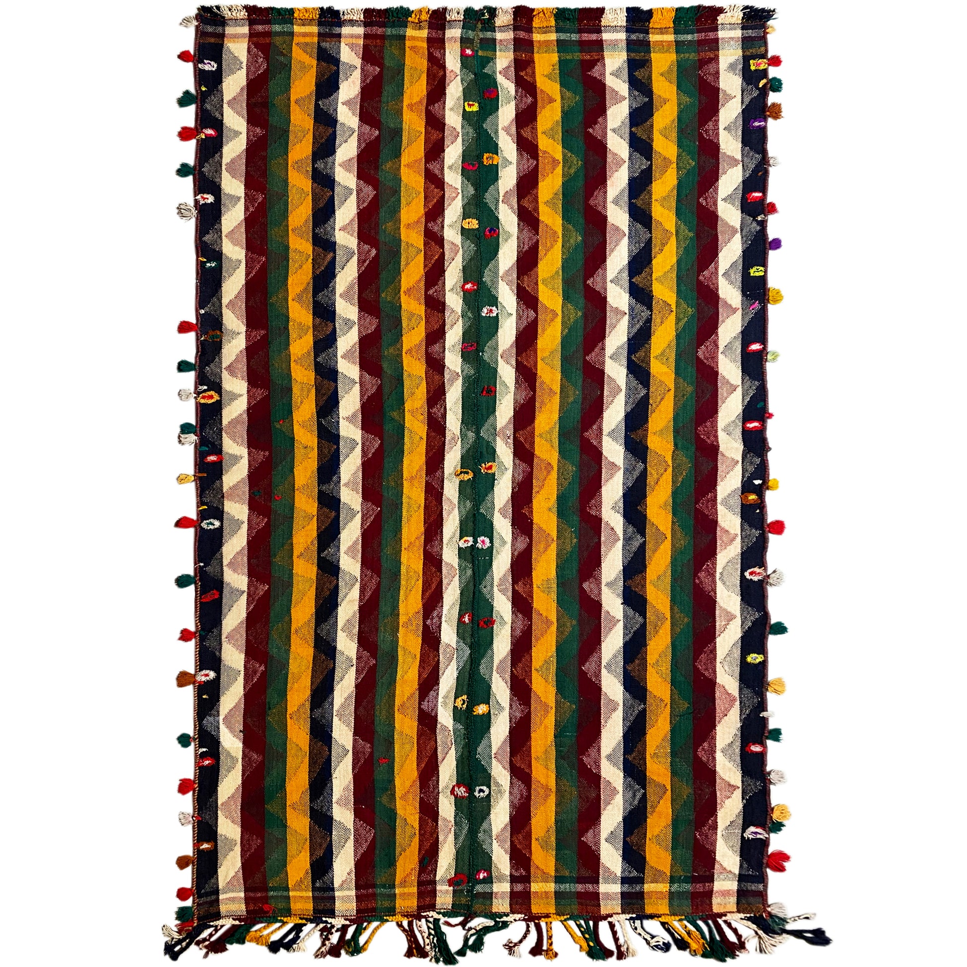 Wohnzimmer bunter Jajim Teppich handgewebt mit lebendigem geometrischem Zickzackmuster