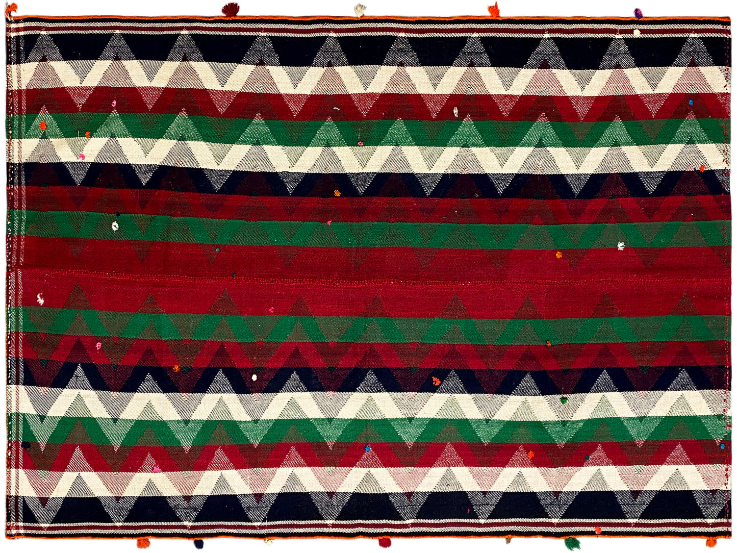 Salon handgewebter Jajim Teppich rot-grün mit markantem geometrischem Muster