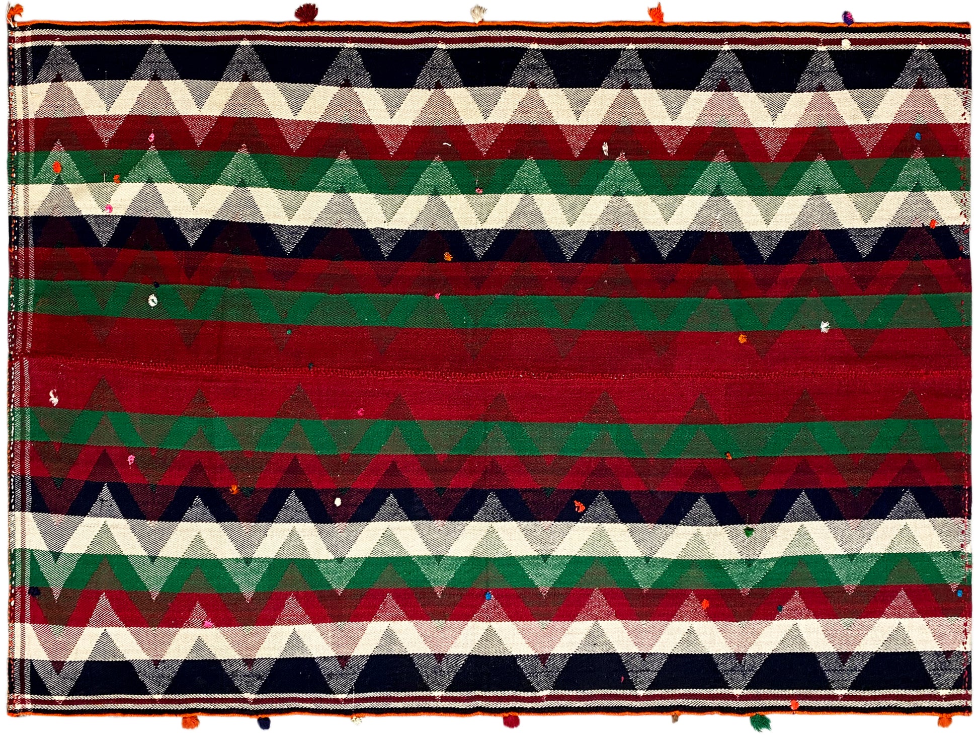 Salon handgewebter Jajim Teppich rot-grün mit markantem geometrischem Muster